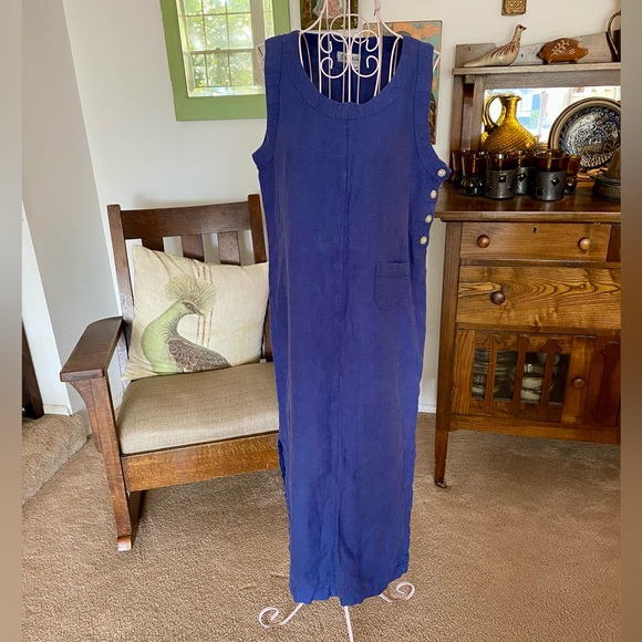 VGUC 100% Linen True Vintage 1990s Cali Cali Apron Pinafore Jumper Maxi Dress - Picture 3 of 11